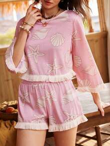 Lullawish Bohemian Ocean Pattern Crew Neck Knit Pajama Set For Women - Multicolor - View 4