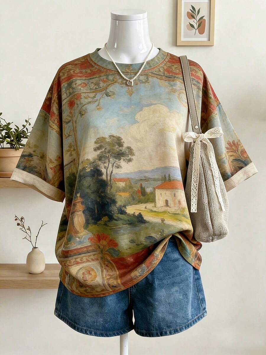 Lalippa Women's Loose Batwing Short Sleeve T-Shirt With Digital Painting Style Pattern - Multicolor - View 1
