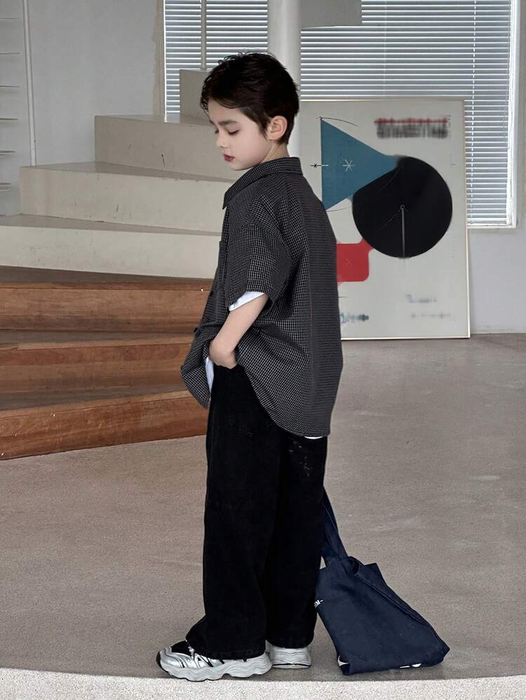 Plaid Lapel Loose Casual Shirt For Big Boys