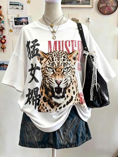 Lalippa Camiseta de mujer de ajuste holgado y largo medio con cuello redondo y hombros caídos, con estampado digital de tigre, regalo para amigos