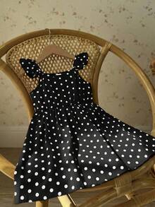 SHEIN Young Girl Woven Polka Dot Square Neck Ruffle Hem Casual Dress - Black - View 2