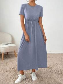 SHEIN Essnce Vestido casual de mujer de unicolor con cuello redondo, manga corta y lazo en la cintura - Neblina azul - Ver 5