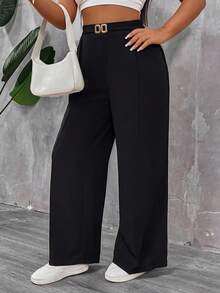 SHEIN PETITE CURVE 大码女式纯色高腰裤，带口袋，适合春季、情人节、毕业典礼、休闲、正式场合、日常生活、通勤、毕业典礼、外出、上学等各种场合，黑色裤子 - 黑色 - 查看 5