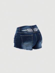 SHEIN 少女款深蓝色破洞弹力紧身牛仔短裤 - 中等水洗藍 - 查看 1