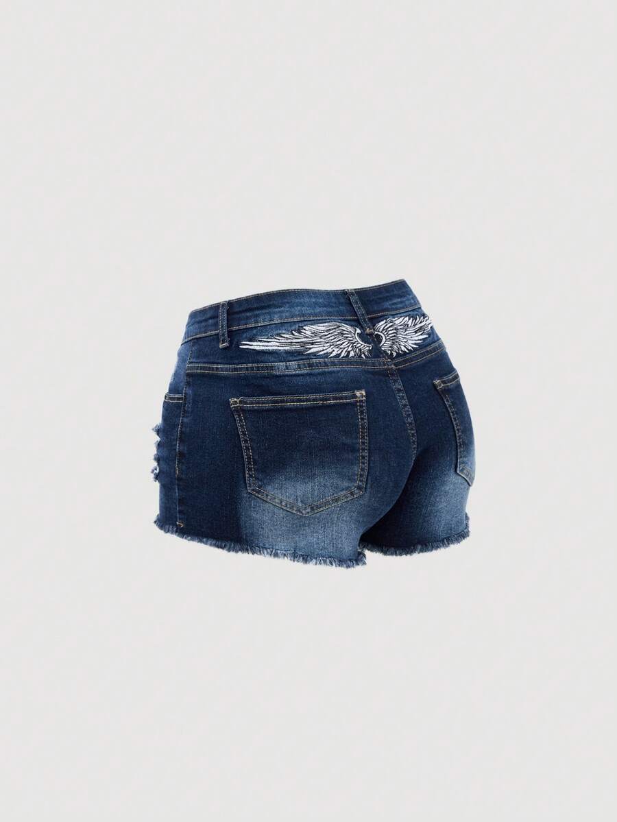 SHEIN 少女款深蓝色破洞弹力紧身牛仔短裤 - 中等水洗藍 - 查看 1