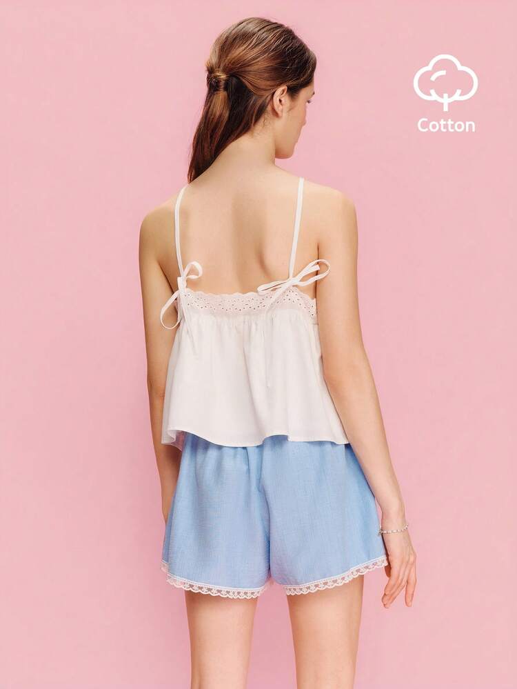 White Broidery Anglaise Summer Loose Fit Halter Neck Cami Top Boho Spring Summer French Style White Cotton Top Casual Holiday Top