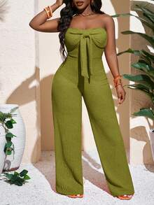 Slaydiva Bộ jumpsuit nữ mùa xuân hè mới, kiểu dáng thường ngày, gợi cảm và thanh lịch: áo ống thắt nơ, ống rộng dài chấm đất, màu cam, chất liệu dệt kim, thích hợp cho kỳ nghỉ. - Màu xanh Ô liu - Xem 5