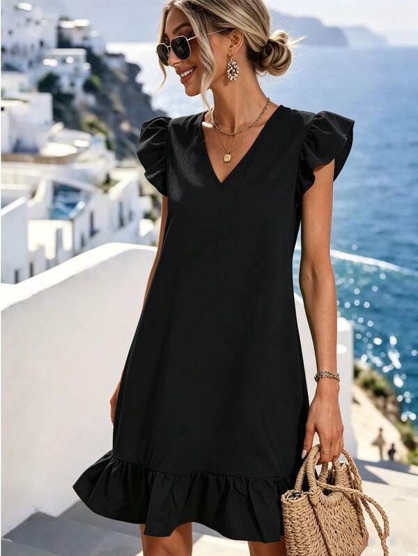 V Neckline Ruffle Trim Smock Dress