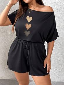 Shapeblank Plus Size Women Black Asymmetrical Shoulder Drawstring Waist Jumpsuit Home Summer Casual - Multicolor - View 6