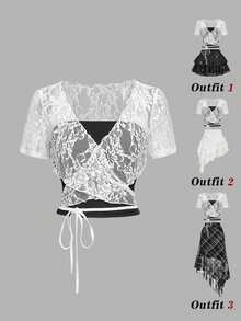 SHEIN MOD Blusa de mujer de manga corta con contraste de encaje y diseño cruzado, de estilo sexy y de moda para el verano - Blanco y Negro - Ver 2