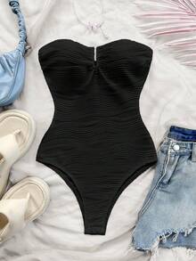 Soleia Black Textured Fabric Halter Bodysuit With Metal Accessories, Suitable For Vacation, Beach, Seaside No Chest Padding - Black - View 5