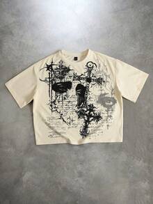 ROMWE MEN Goth Camiseta corta holgada con estampado de cruz para hombre - Albaricoque - Ver 3