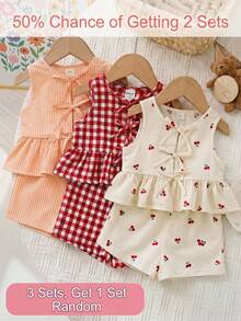 Bộ đồ 2 món cho bé gái: Áo thun cổ tròn kẻ sọc dệt kim và quần short dệt kim. - trái cam - Xem 1