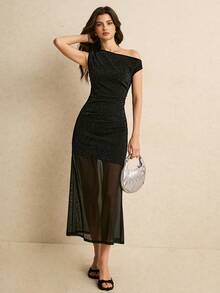 Poéselle Women's Elegant Sexy Black Glitter Off-Shoulder Midi Dress, Sheer Mesh Mermaid Hem, Summer Glow Party Night Out Wedding Guest Cocktail - Black - View 4