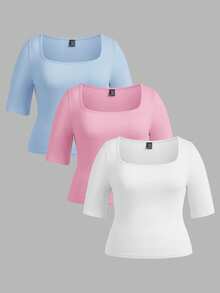 SHEIN BASICS 3件套休闲纯色针织圆领短袖修身加大码T恤 - 彩色 - 查看 2