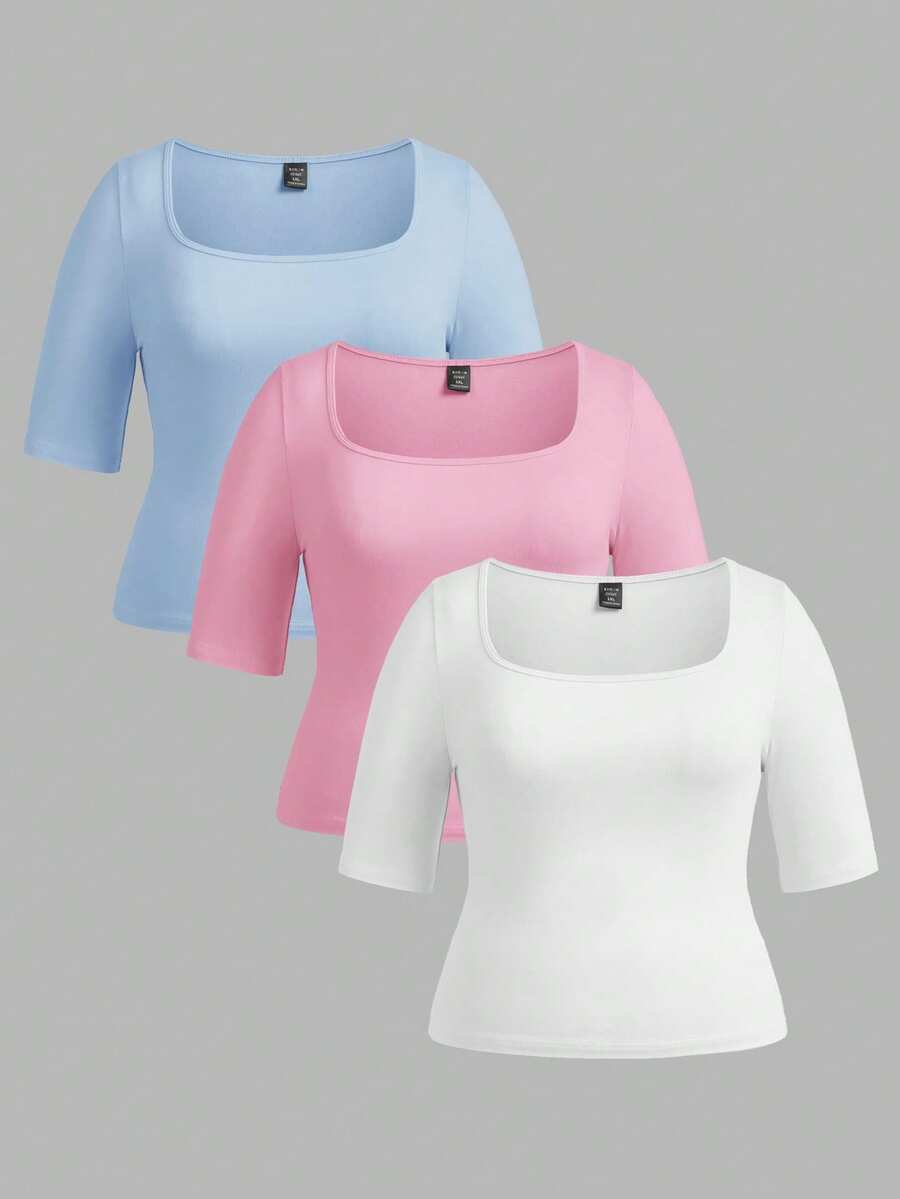 SHEIN BASICS 3件套休闲纯色针织圆领短袖修身加大码T恤