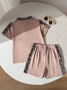 2pcs/Set Young Boy Soft Knit Fabric Solid Color Print Short Sleeve Polo Shirt And Shorts Set, Suitable For Summer Casual, Holiday Wear - Khaki - View 2