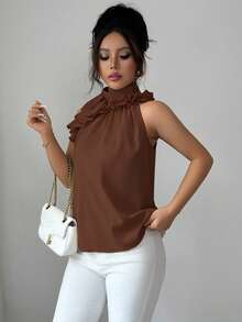 Balvessa Blus Tanpa Lengan dengan Lipatan dan Kerutan, Kemeja Wanita Warna Polos yang Elegan dan Berkelas - Coffee Brown - View 6