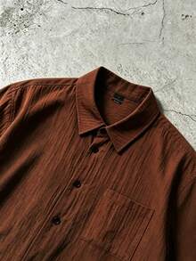 Men's Short Sleeve Button Down Shirt With Pinstripe Pattern Collared Casual Summer Top - Coffee Brown - View 4