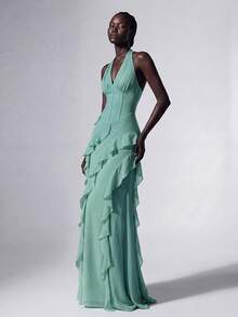 Elitara Women's Solid Color Halter Neck Ruffle Hem Elegant Cinched Waist Formal Evening Gown - Green - View 4