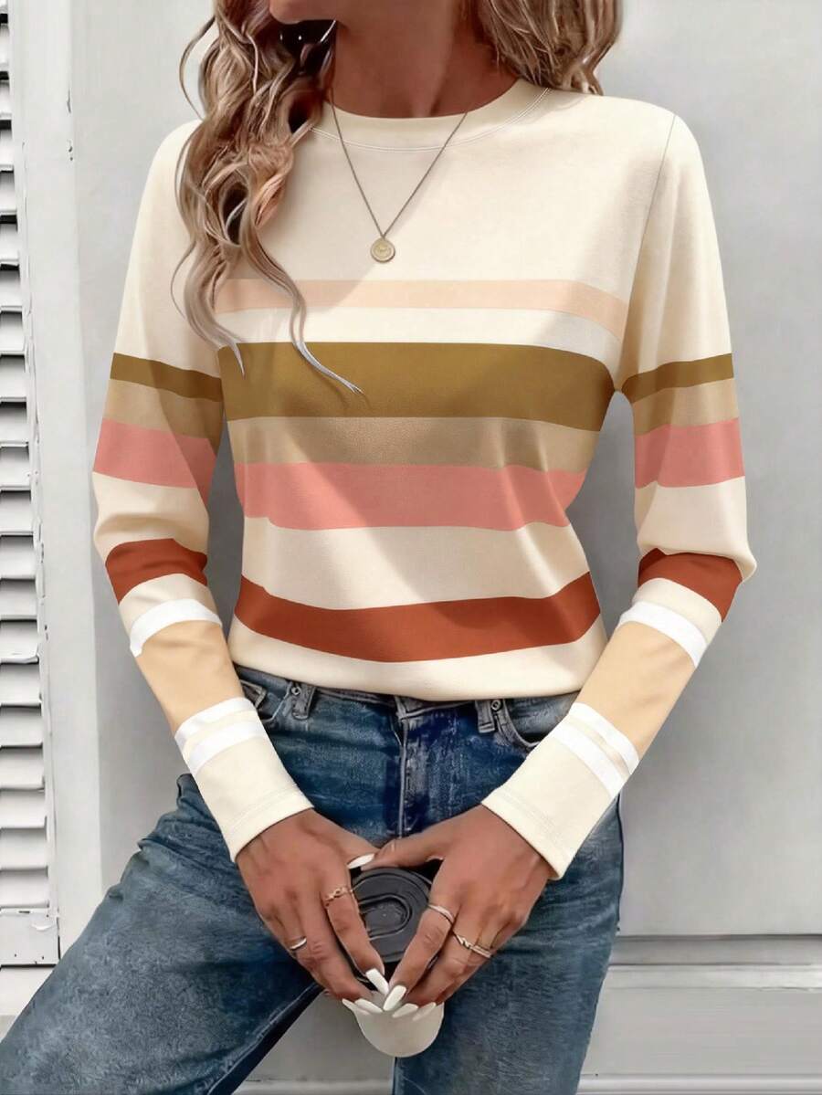 EMERY ROSE Camiseta de manga larga para mujer, parte superior estampada con rayas maduras, diseño de patrón clásico, vestimenta casual y versátil para exteriores, otoño - Multicolor - Ver 1