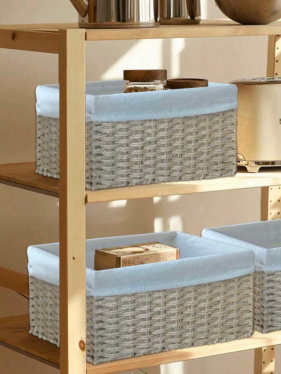 1 PC Rectangular Natural Rattan Woven Bohemian Water Gourd Shape Storage Basket With Built In Handle Handwoven Organizer For Living Room Shelf Bathroom Toilet Paper Desk Accessories Keys Cosmetics Home Decoration Small Items Home Decor Gift - Yellow - View 1