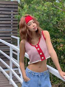 DAZY 撞色条纹露脐休闲夏季针织上衣，女士可爱上衣 - 紅色 - 查看 1