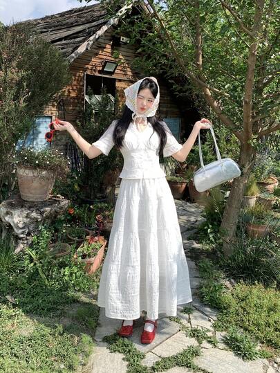 DAZY 女士翻领短袖衬衫和宽松半裙两件套，韩版风格，春夏款