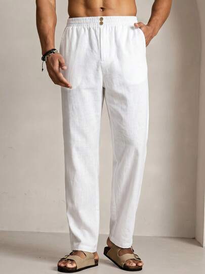 HIMLAND Men's Woven Casual Loose Solid Color Elastic Waist Straight Leg Pants