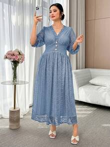 Modelyn 大码女式褶皱休闲套头连衣裙，适合聚会和外出穿着 - 藍色 - 查看 6