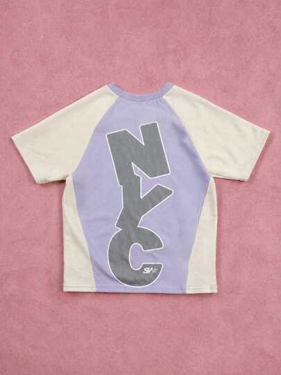 SUMWON Girls Purple Color Block Short Sleeve Crew Neck T-Shirt With NYC Print Spring Summer Casual Top