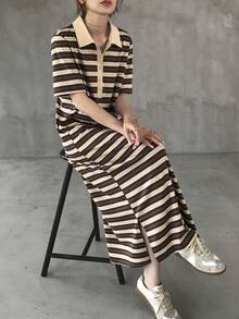 FRIFUL 女款夏季條紋POLO領直筒長洋裝太陽裙 - 綠色 - 查看 6