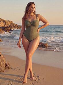 Swim Oasis Plus Size Solid Color Beaded Decor Spaghetti Strap One-Piece Swimsuit With Long Pants - Green - View 6