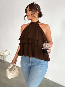 Firerie Blusa de gasa asimétrica con volantes holgada de talla grande - Café integral - Ver 4
