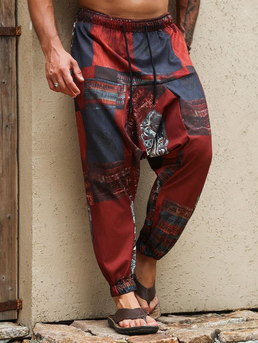 VENTUSAIL Men's Casual Loose Plaid Patchwork Harem Pants, Hip Hop Style - Red - View 1