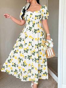 FleurLily Elegant White Summer Ditsy Floral Dress With Square Neck,Puff Sleeves,Waist Cinching,Ruffle Hem,Flowy A-Line Silhouette,Curve Party Holiday Garden - Multicolor - View 4