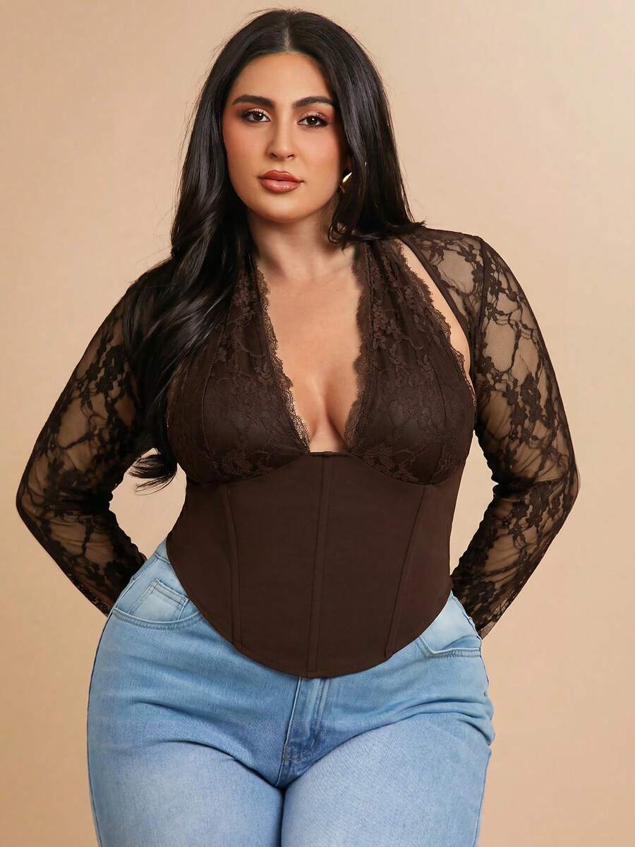 SHEIN BAE Áo cổ yếm ren tương phản màu đen dành cho nữ cỡ lớn - màu nâu - Xem 1