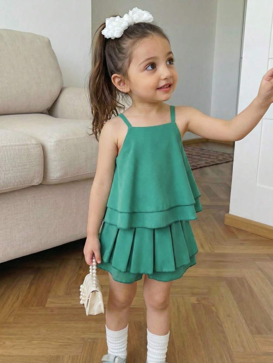 2 Pieces Set:Young Girls' Peacock Green Sleeveless Halter Top With Loose Shorts,Summer Matching Family Vacation Outfit,Holiday Casual Travel Wear - Green - View 1