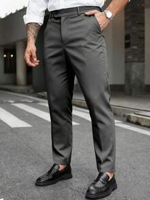 Manfinity Mode Men Plus Size Solid Color Pocket Business Casual Formal Suit Trousers, Ceremony - Dark Grey - View 4