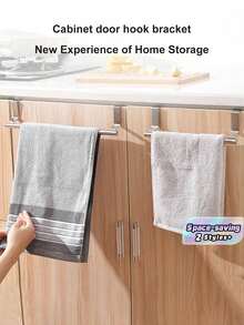 1pc,Household Towel Rack Non-Punched Wall Hanging Behind The Door Storage Rack Non-Nailed Single Pole Towel Rack Rag Hanging Rod,Kitchen Organization And Storage - Silver - View 2