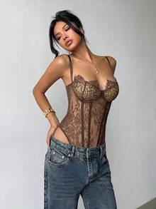 Aloruh 女士花卉蕾丝性感吊带连体衣 - 咖啡棕 - 查看 2