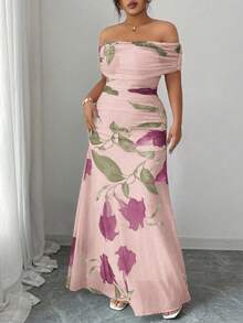 Modelyn Plus Size Women Mesh Printed Off-Shoulder Ruffle Formal Dress - Pink - View 3