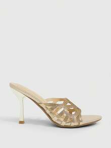 CUCCOO SZL Giày sandal nữ, mùa xuân hè, thiết kế rỗng đính đá, hở mũi, gót nhọn, thích hợp cho tiệc tùng, hộp đêm, sandal cao gót màu vàng nhạt. - Màu vàng nhạt - Xem 2