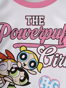 THE POWERPUFF GIRLS X SHEIN 女童休闲卡通印花圆领短袖T恤，夏季 - 白色 - 查看 4