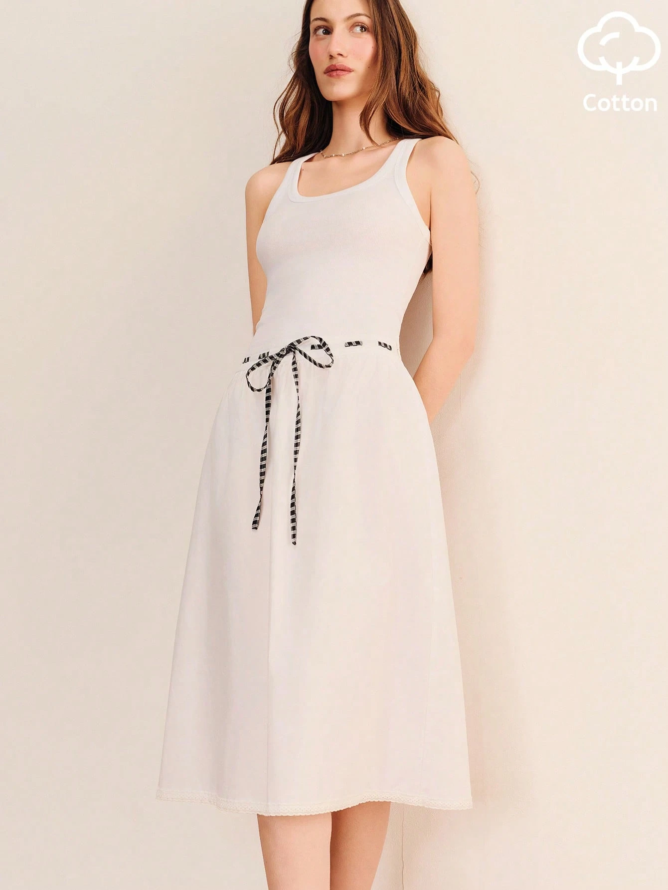 White Cotton Midi Skirt With Contrast Gingham Tie Waist Detail And Mini Broidery Trim Boho Summer French Style Casual Holiday Skirt Cute Summer Skirt Vacation Skirt Vintage Style Cotton Skirt