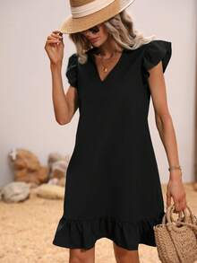 Balvessa V Neckline Ruffle Trim Smock Dress - Black - View 6