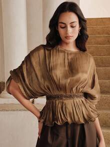 Anewsta Women's Elegant Shiny Fabric Round Neck Pleated Waist Beaded Decor Wavy Hem Top, Summer - Brown - View 5