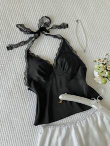 Comfortcana 大码女士纯色撞色蕾丝吊带背心，黑色婚礼宾客吊带背心，黑色鸡尾酒会吊带背心，黑色正式礼服 - 黑色 - 查看 3