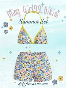 SHEIN Bộ bikini hai mảnh màu xanh hoa văn phối viền tương phản dành cho thiếu nữ, áo và quần short, đồ bơi đi biển kỳ nghỉ. - Nhiều màu - Xem 3