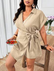 Weeklong Plus Size Women Cinched Waist Short Sleeve Jumpsuit, Casual Vacation Outfit - Apricot - View 3